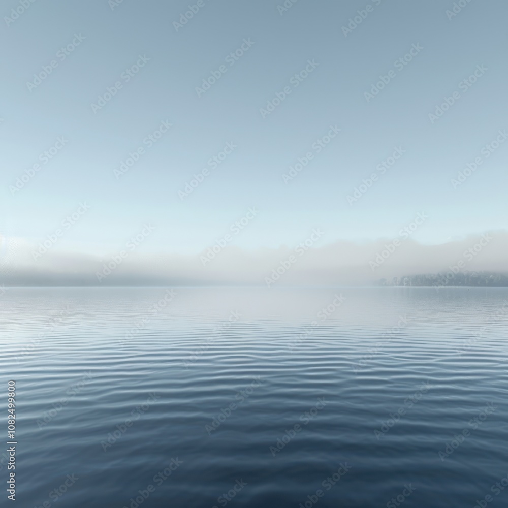 A serene lake with a foggy mountain range in the distance.