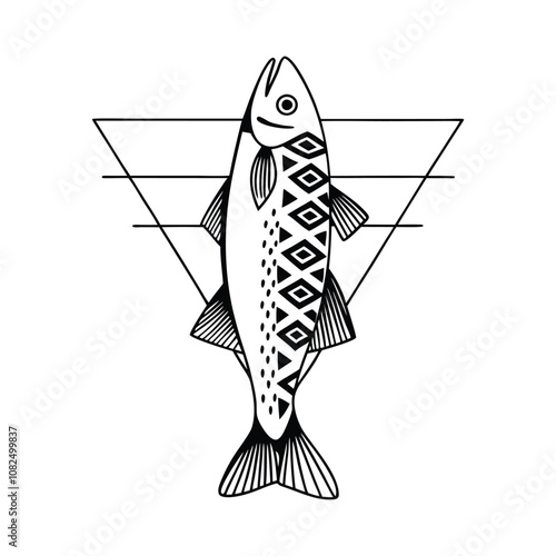 mackerel fish design, labeled line and fill art vector silhouette illustration.