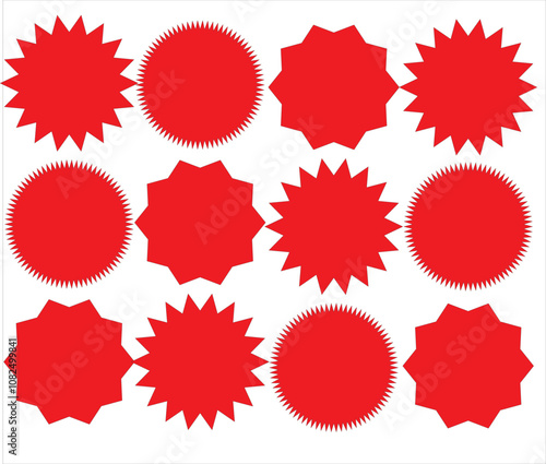 Set of black price sticker, sale or discount sticker, sunburst badges icon. Stars shape with different number of rays. Special offer price tag. Red starburst promotional badge set, shopping labels
