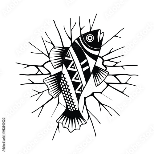 mackerel fish design, labeled line and fill art vector silhouette illustration.