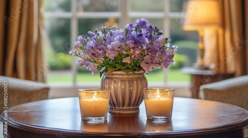 Purple flowers in a blue vase with two lit candles on a wooden table.