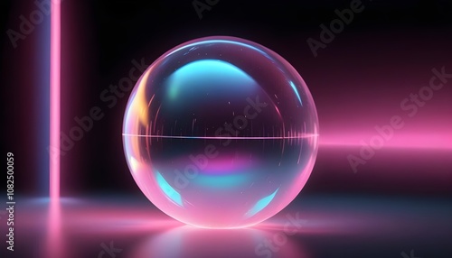 holographic ball in building on black background. 3D rendering of glossy white ball in holographic