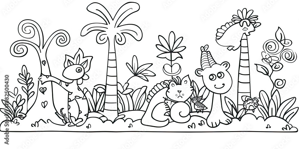 Line art of an enchanted forest with mythical creatures, isolated on a white background Line art of an enchanted forest with mythical creatures, isolated on a white background