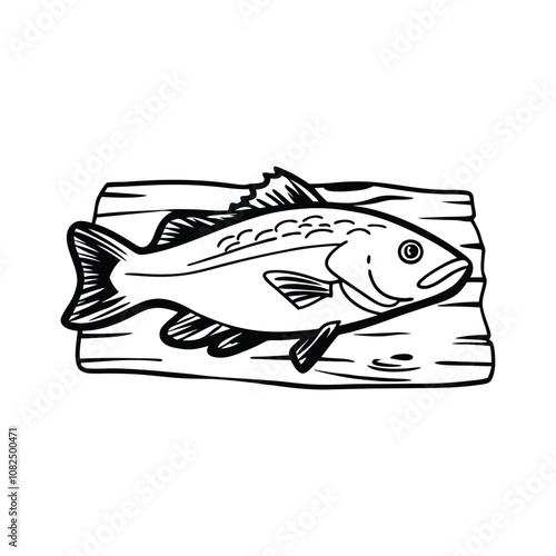 mackerel fish design, labeled line and fill art vector silhouette illustration.