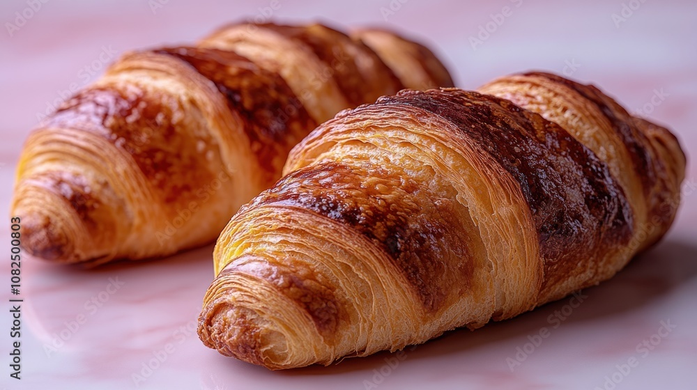 Two freshly baked croissants on a pink marble surface.