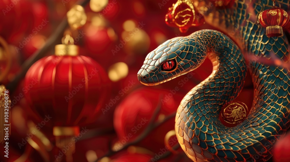A New Year background featuring a graceful snake in a traditional Chinese style, surrounded by red lanterns and gold symbols of prosperity A New Year background featuring a graceful snake in a traditional Chinese style, surrounded by red lanterns and gold symbols of prosperity