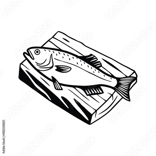 mackerel fish design, labeled line and fill art vector silhouette illustration.