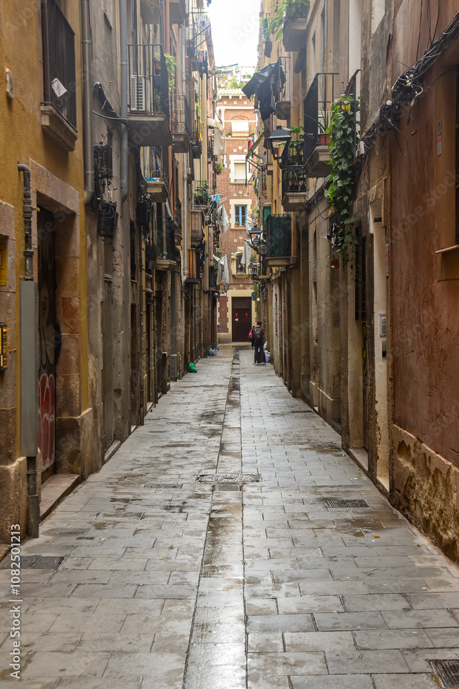 old wet street in the gothic area of Barcelona