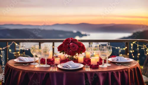 A beautifully set Valentine’s Day table on a secluded balcony, overlooking a breathtaking mountain sunset, perfect for an intimate celebration. photo