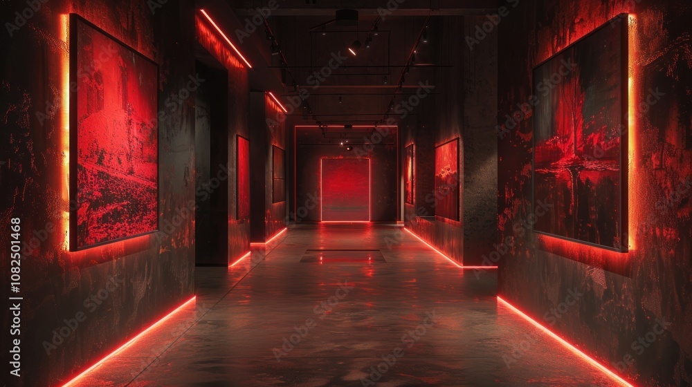 A long, dark hallway with red neon lights and artwork on the walls. A long, dark hallway with red neon lights and artwork on the walls.