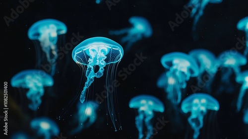 Glowing Bioluminescent Jellyfish Floating in Pitch Black Sea Underwater Scene