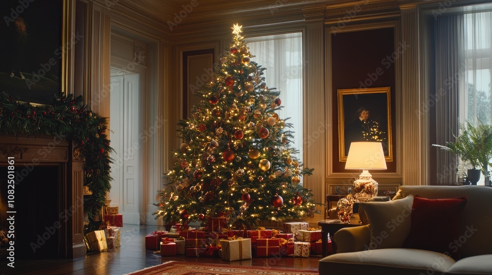 A sparkling Christmas tree adorned with glowing lights and ornaments, standing tall in a festive living room A sparkling Christmas tree adorned with glowing lights and ornaments, standing tall in a festive living room