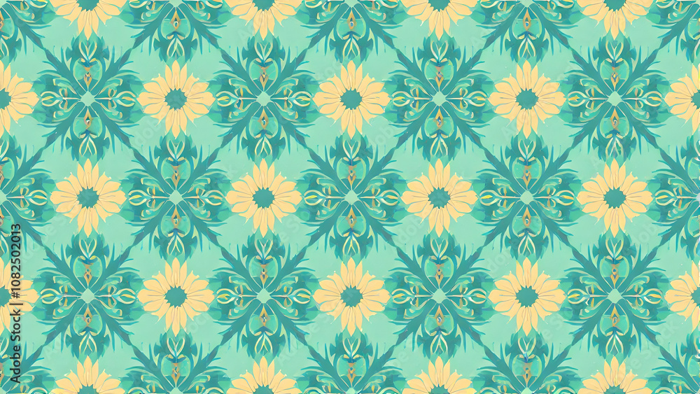 A repeating pattern of teal and yellow floral shapes with a watercolor effect creates a visually appealing and symmetrical design. A repeating pattern of teal and yellow floral shapes with a watercolor effect creates a visually appealing and symmetrical design.