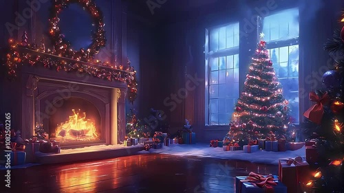 Wallpaper Mural Cozy Christmas scene with a decorated tree and warm fireplace glow. Torontodigital.ca
