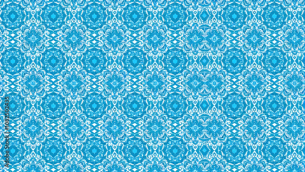 A seamless repeating pattern of blue and white abstract shapes, creating a kaleidoscopic design with intricate details and a symmetrical arrangement. A seamless repeating pattern of blue and white abstract shapes, creating a kaleidoscopic design with intricate details and a symmetrical arrangement.