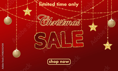 Christmas sale, template design discount banner with hanging beads, shiny stars, sparkles and christmas balls. bright vector illustration to promote purchases in the winter season en golden and red.