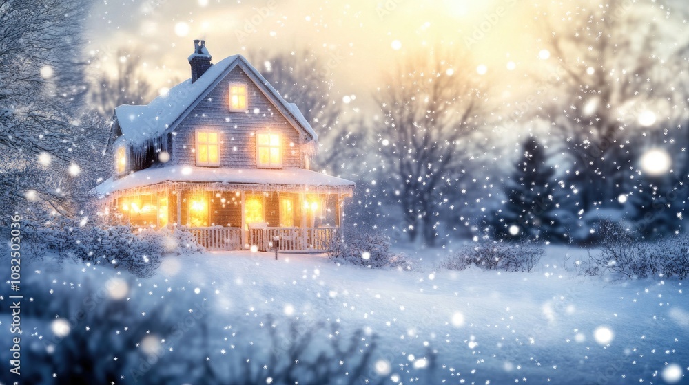 Naklejka premium Snow falling gently on a house with soft yellow lights glowing inside, creating a magical winter wonderland