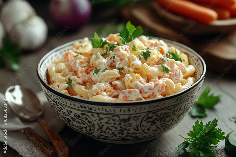 Creamy Macaroni Salad with Carrots and Fresh Parsley in a Decorative Bowl Creamy Macaroni Salad with Carrots and Fresh Parsley in a Decorative Bowl