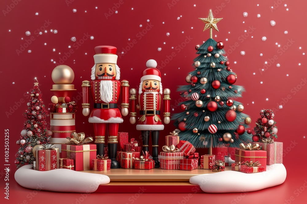 3D rendering of a Christmas tree and podium for product display with abstract wave background. New Year and Christmas decoration concept, blank space for presentation. 3D rendering of a Christmas tree and podium for product display with abstract wave background. New Year and Christmas decoration concept, blank space for presentation.