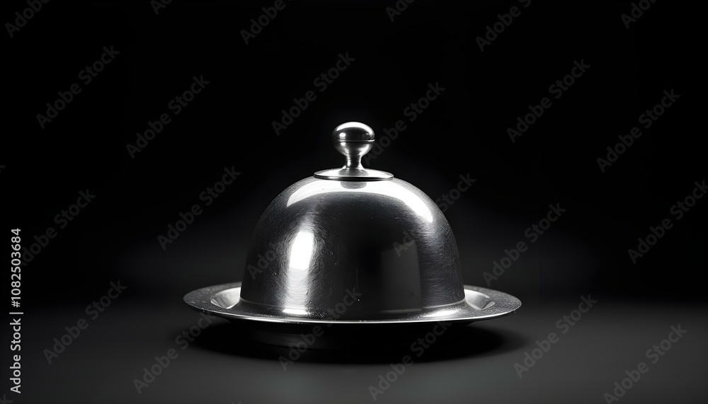 silver serving cloche with a polished surface, reflecting light on its dome, isolated on a deep black background create with ai silver serving cloche with a polished surface, reflecting light on its dome, isolated on a deep black background create with ai