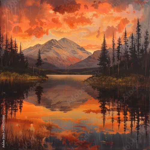 A mountain lake reflects the vibrant hues of a sunset sky, casting a warm glow across the tranquil waters.