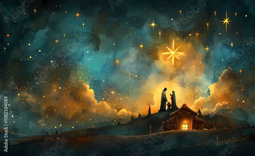 a flat illustration of the nativity scene with Mary, Joseph, and the baby Jesus for Christmas Illustration