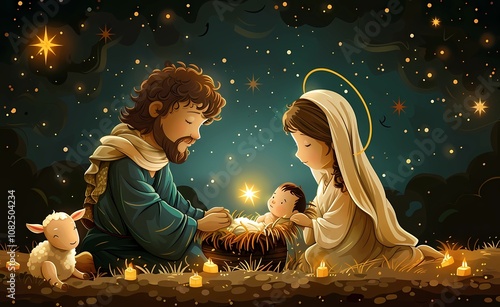 a flat illustration of the nativity scene with Mary, Joseph, and the baby Jesus for Christmas Illustration