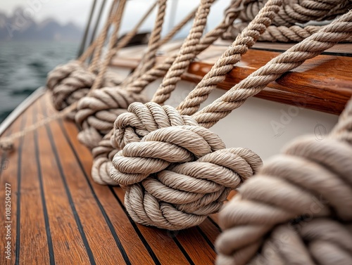 Close-up of thick rope knots secured on the wooden deck of a sailboat, highlighting nautical craftsmanship and marine adventure on the open sea.