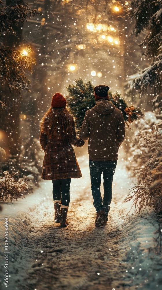 A couple walks through a snowy forest carrying a Christmas tree, AI A couple walks through a snowy forest carrying a Christmas tree, AI