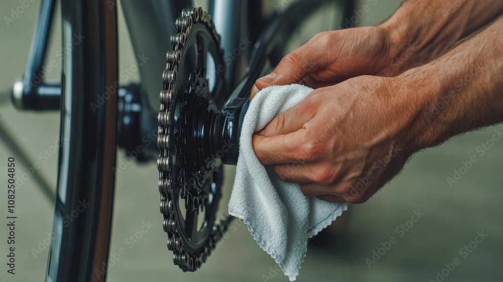 Fototapeta premium Close-up of hands using a cloth to clean a bicycle chain and gear, emphasizing maintenance and care for cycling equipment.