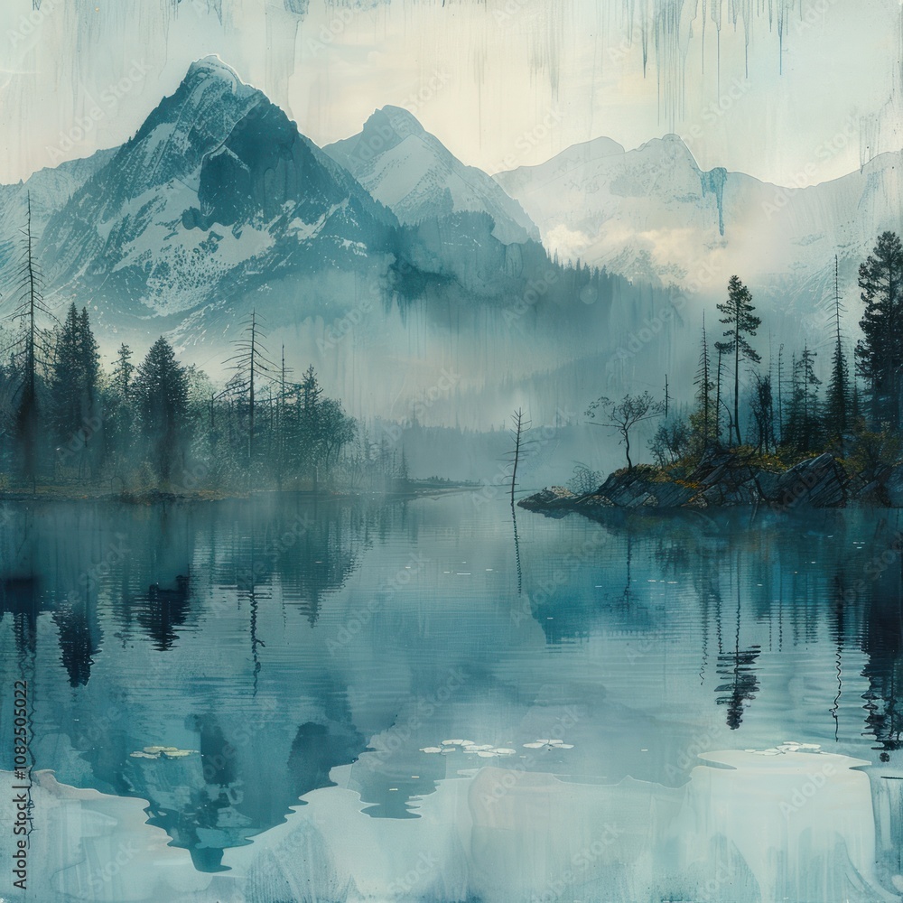 A serene, misty mountain landscape with a calm lake reflecting the surrounding scenery. A serene, misty mountain landscape with a calm lake reflecting the surrounding scenery.