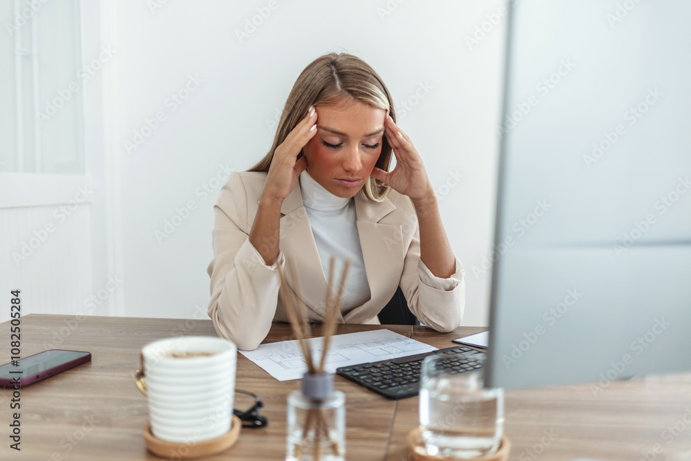Stress, fatigue and woman in office with headache, exhausted and business burnout with laptop. Overworked, frustrated and tired businesswoman at desk with brain fog, pressure and head pain massage. Stress, fatigue and woman in office with headache, exhausted and business burnout with laptop. Overworked, frustrated and tired businesswoman at desk with brain fog, pressure and head pain massage.