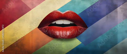 Red Lips on a Colorful Diagonal Striped Background photo