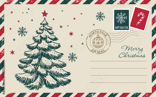 Postcard, Christmas mail with tree, letter, hand drawn illustration.	