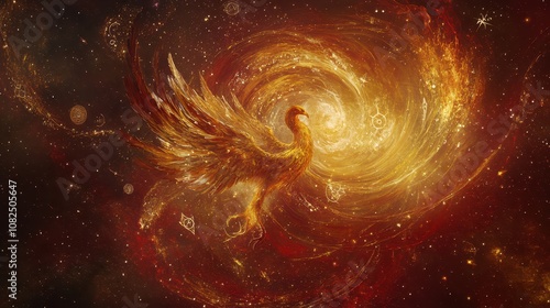 Phoenix Rising from Spiral Galaxies: Cosmic Fire and Zodiac Emblems in a Rich Crimson and Gold Palette. Ideal for Transformation Coaching and Spiritual Services. High Resolution.