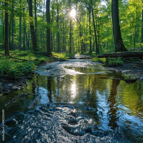 Sunbeams shine through the trees in a lush forest with a clear, winding stream flowing through the middle.