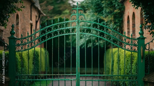 Arched gate lush garden wrought iron Victorian gate ironwork green gate Victorian style detailed gate garden gate brick wall