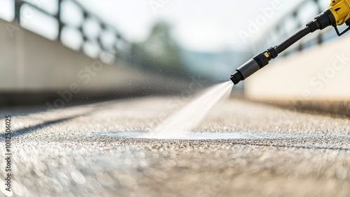 A high-pressure washer sprays water onto pavement, effectively cleaning the surface. Outdoor maintenance and cleaning concept in bright daylight.