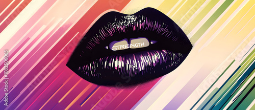 Bold Lips with Strength Word Art on Abstract Background photo