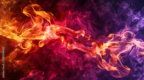 Abstract image of colorful flames and smoke blending in vibrant hues.