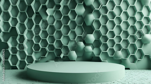 Abstract 3d of  colourful podium on hexagonal pattern background  Modern minimal design for product presentation3d Green Podium With Honeycomb Pattern Background
 photo