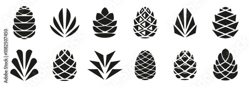 Pine cone icons on a white background. Set of simple black pine cone. Pine cone logotype