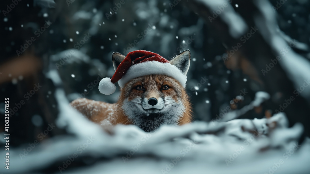 Rustic red fox wearing Santa hat in snowy forest during winter with falling snowflakes, creating a festive seasonal atmosphere Rustic red fox wearing Santa hat in snowy forest during winter with falling snowflakes, creating a festive seasonal atmosphere