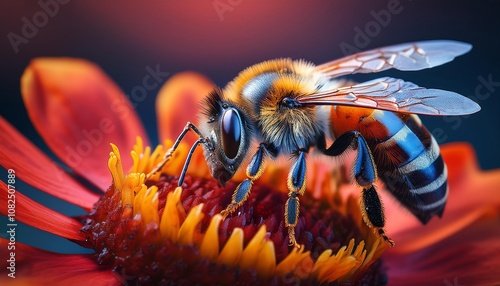 A stunning macro photo of a bee perched on a vibrant red flower, highlighting the intricate textures of its wings and body in a lush garden setting. photo