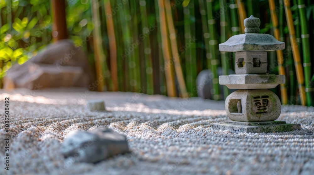 A Tranquil Zen Garden with a Stone Lantern Amidst Raked Sand and Bamboo A Tranquil Zen Garden with a Stone Lantern Amidst Raked Sand and Bamboo