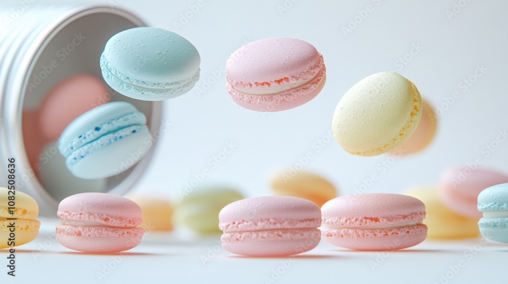 Fototapeta premium Delightful Macarons in Soft Pastel Colors Falling from Canister