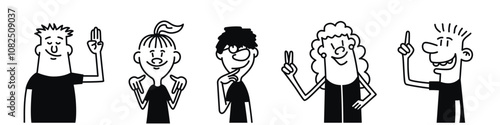 Group of cartoon characters are standing in a row, each with a different facial expression. One of the characters is pointing to the sky. Hand drawn vector illustration. Black and white.