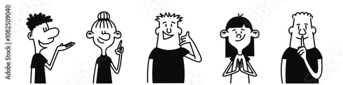 Group of cartoon characters are shown in a row, each with a different expression. Scene is lighthearted and fun, as the characters are all smiling. Hand drawn vector illustration. Black and white.