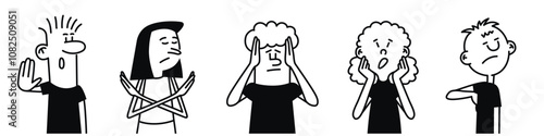 Cartoon of five people with their hands crossed over their faces. The cartoon is black and white. Hand drawn vector illustration. Black and white.
