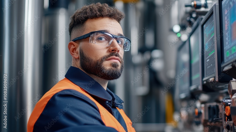 A focused worker in safety gear operates high-tech machinery in an industrial setting, showcasing professionalism and attention to detail. A focused worker in safety gear operates high-tech machinery in an industrial setting, showcasing professionalism and attention to detail.